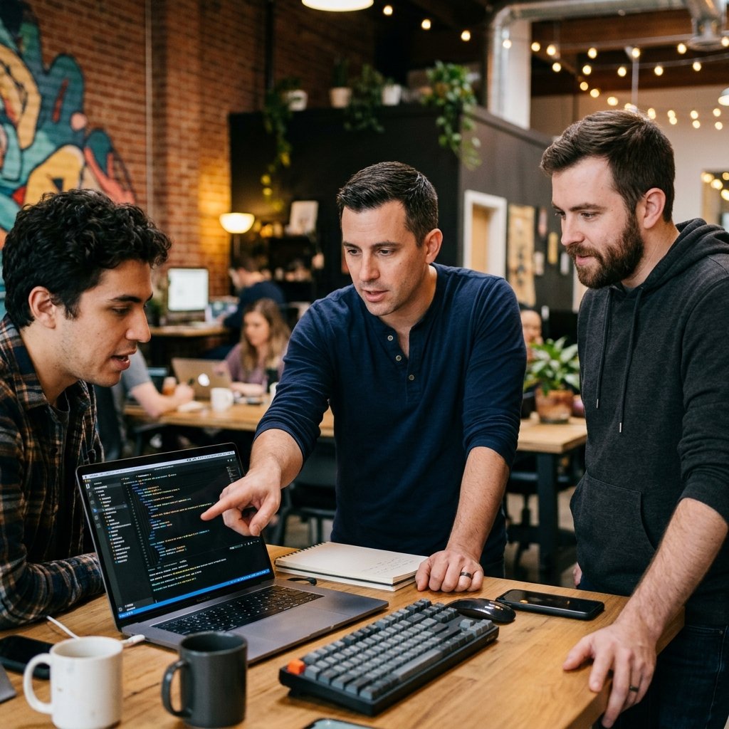 NymBiTe developer explaining code on laptop screen to teammates