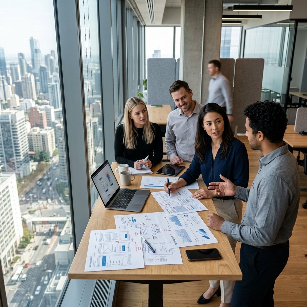 NymBiTe professionals collaborating around office desk near window